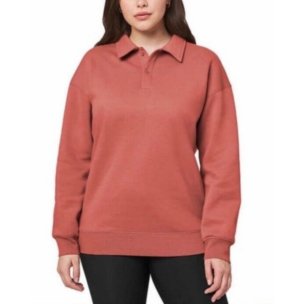 Mondetta Womens Long Sleeve Polo Sweatshirt Coral Terracotta Fleece Pullover M